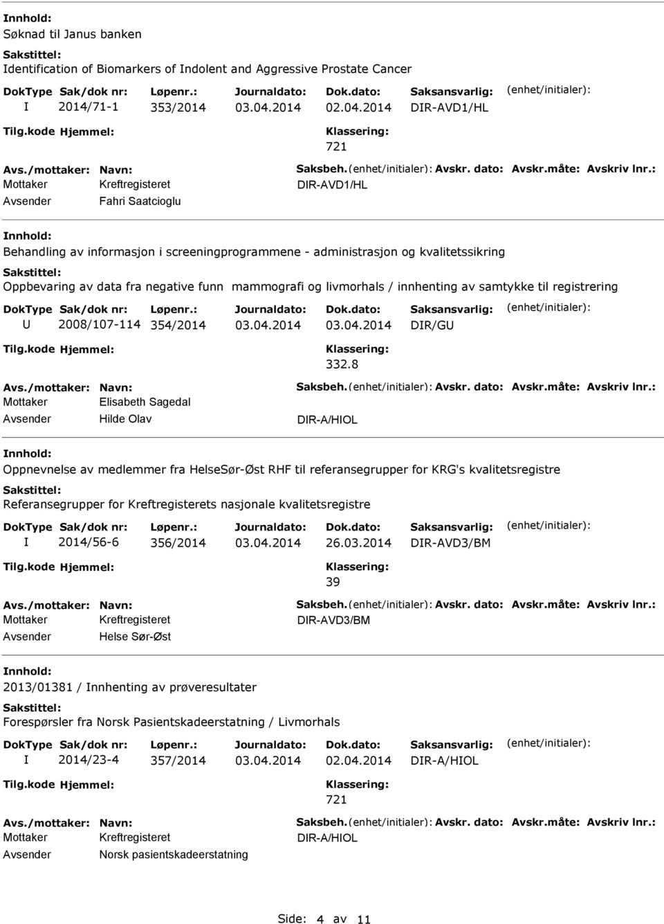 samtykke til registrering 2008/107-114 354/2014 332.8 Avs./mottaker: Navn: Saksbeh. Avskr. dato: Avskr.måte: Avskriv lnr.