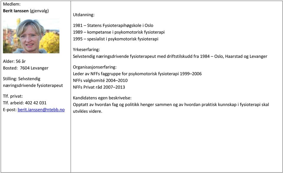 no Selvstendig næringsdrivende fysioterapeut med driftstilskudd fra 1984 Oslo, Haarstad og Levanger Leder av NFFs faggruppe for psykomotorisk fysioterapi 1999