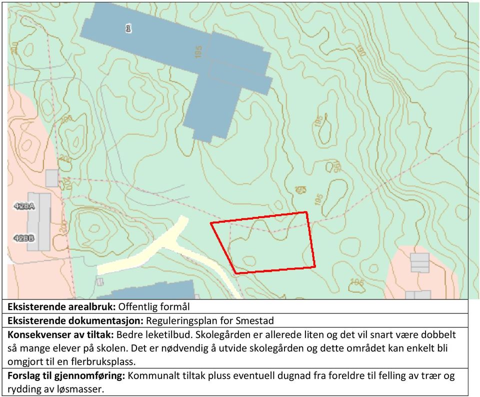 Det er nødvendig å utvide skolegården og dette området kan enkelt bli omgjort til en flerbruksplass.