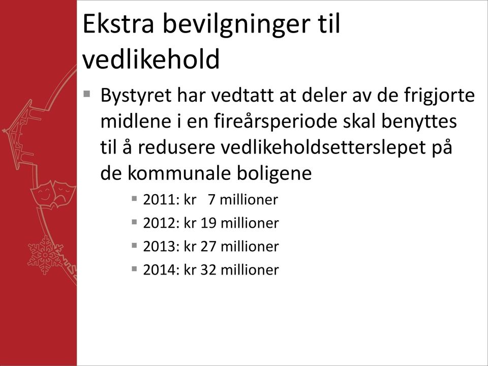 redusere vedlikeholdsetterslepet på de kommunale boligene 2011: kr 7