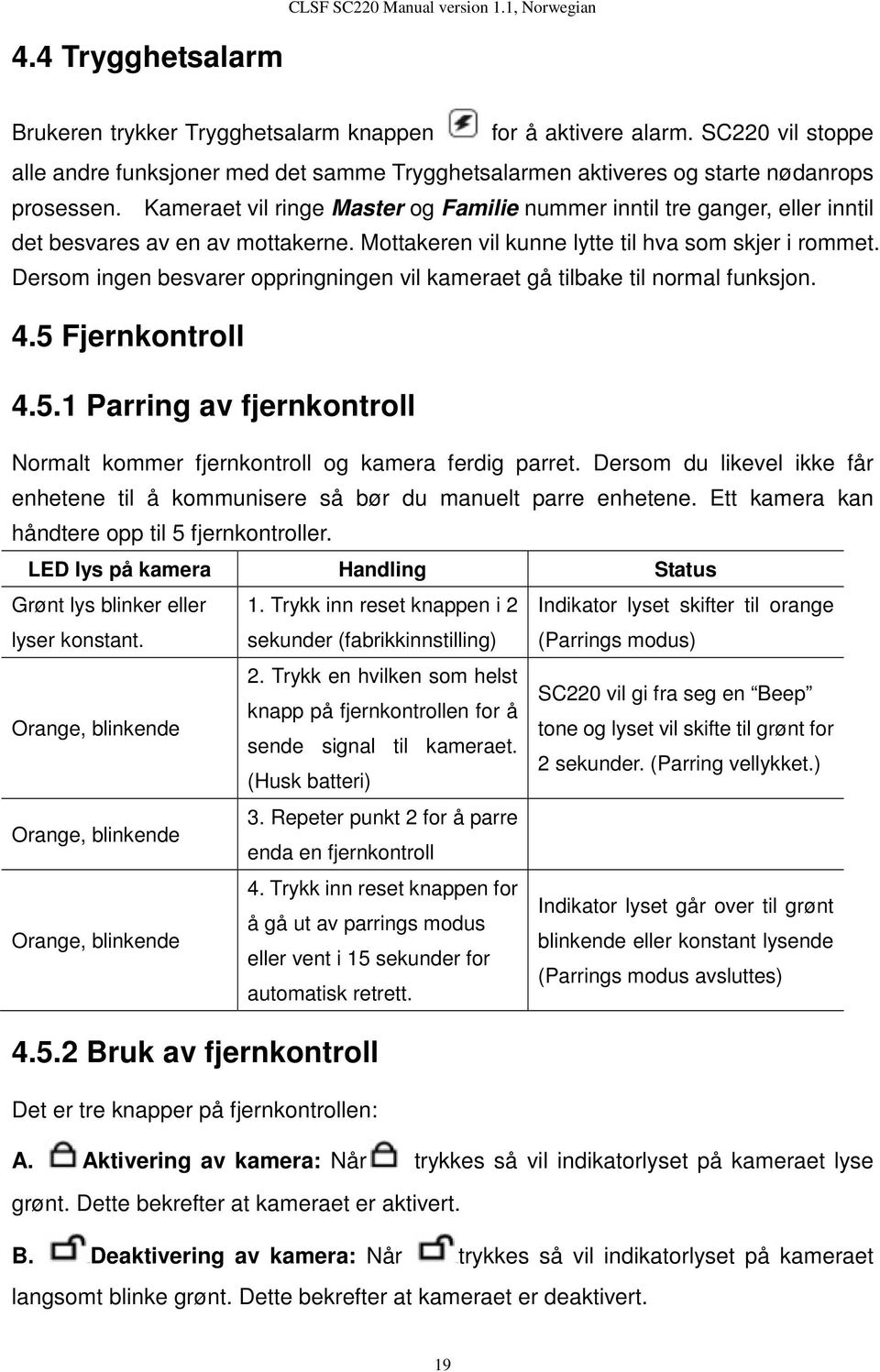 Dersom ingen besvarer oppringningen vil kameraet gå tilbake til normal funksjon. 4.5 Fjernkontroll 4.5.1 Parring av fjernkontroll Normalt kommer fjernkontroll og kamera ferdig parret.