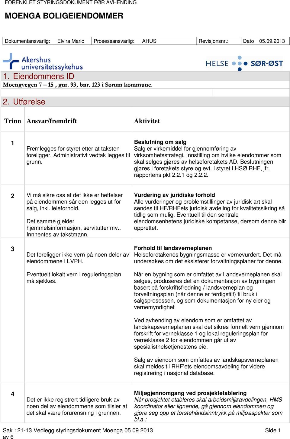 Beslutningen gjøres i foretakets styre og evt. i styret i HSØ RHF, jfr. rapportens pkt 2.2.1 og 2.2.2. 2 Vi må sikre oss at det ikke er heftelser på eiendommen sår den legges ut for salg, inkl.