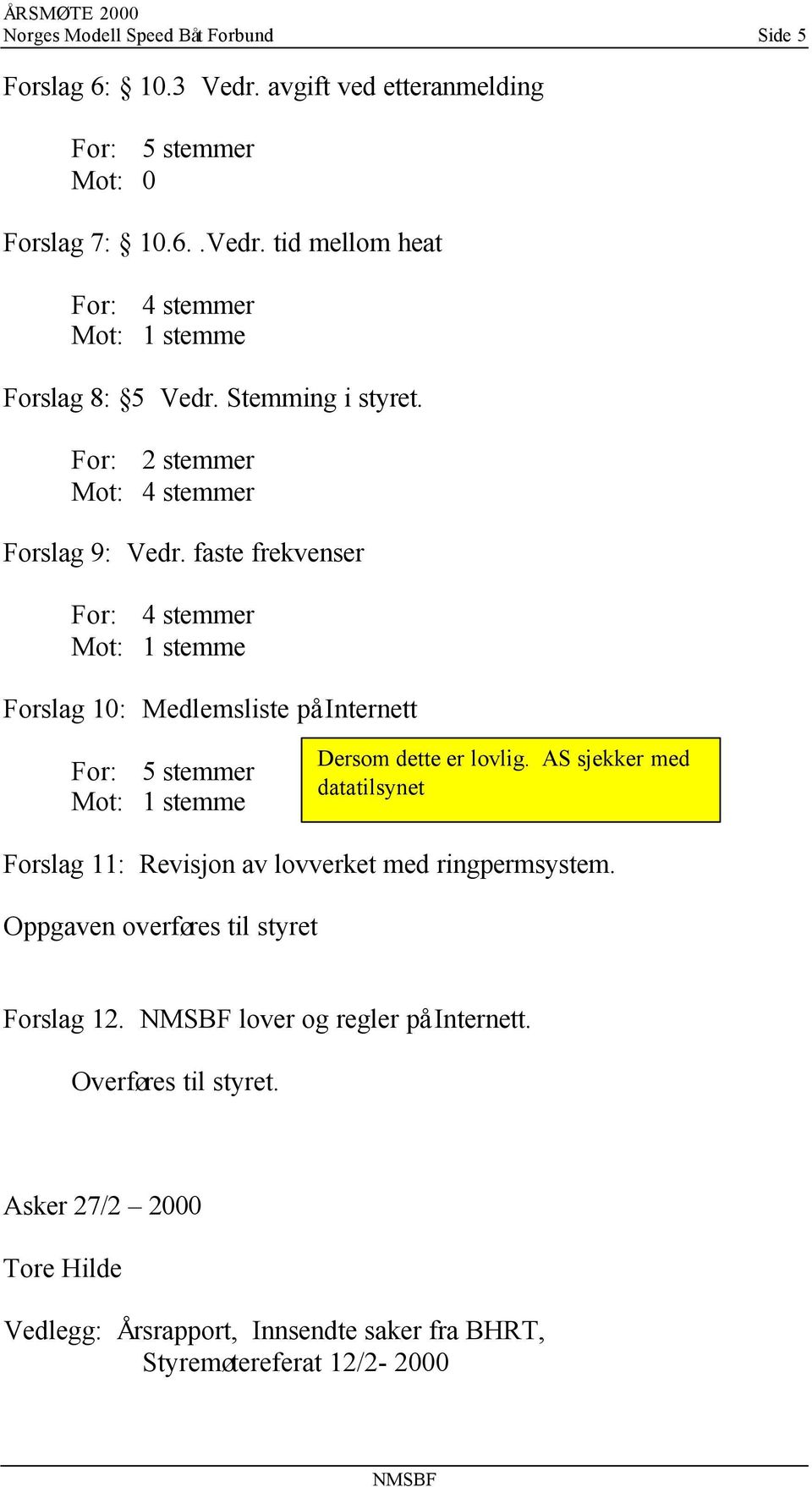 faste frekvenser Forslag 10: Medlemsliste på Internett Dersom dette er lovlig.