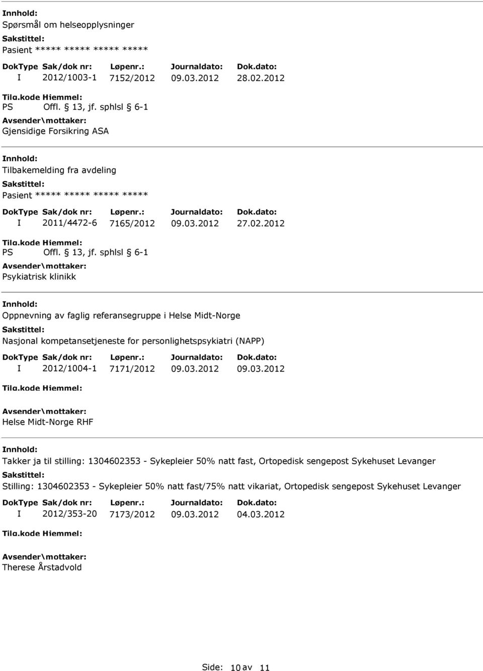 2012 Oppnevning av faglig referansegruppe i Helse Midt-Norge Nasjonal kompetansetjeneste for personlighetspsykiatri (NAPP) 2012/1004-1 7171/2012 Helse