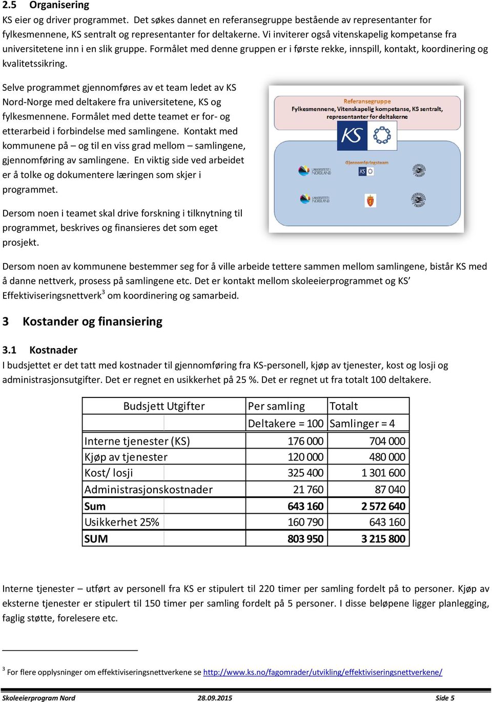 Selve programmet gjennomføres av et team ledet av KS Nord-Norge med deltakere fra universitetene, KS og fylkesmennene. Formålet med dette teamet er for- og etterarbeid i forbindelse med samlingene.