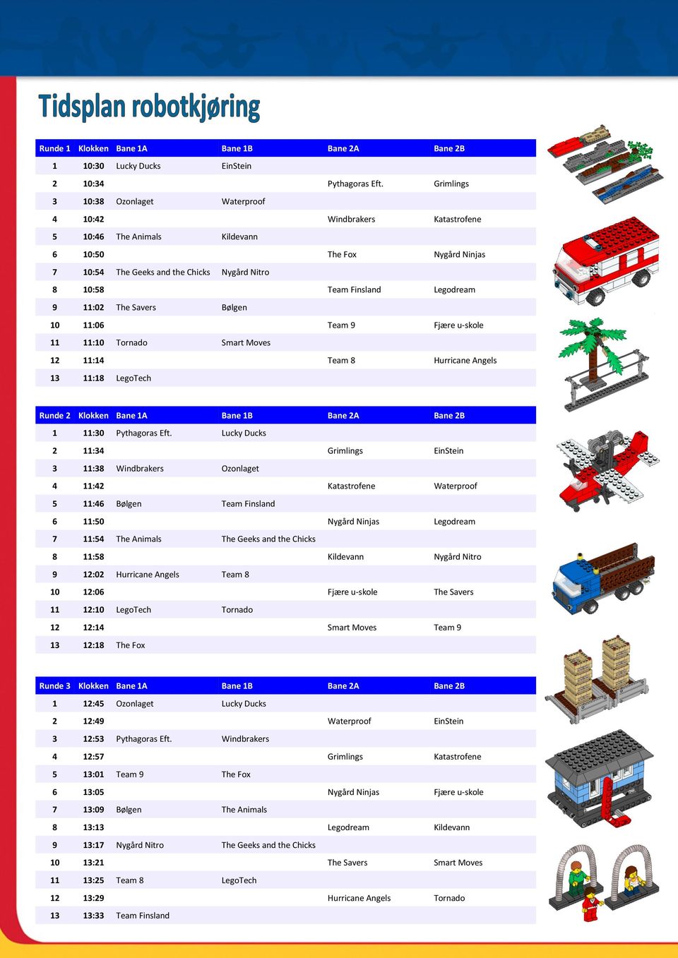 Legodream 9 11:02 The Savers Bølgen 10 11:06 Team 9 Fjære u-skole 11 11:10 Tornado Smart Moves 12 11:14 Team 8 Hurricane Angels 13 11:18 LegoTech Runde 2 Klokken Bane 1A Bane 1B Bane 2A Bane 2B 1