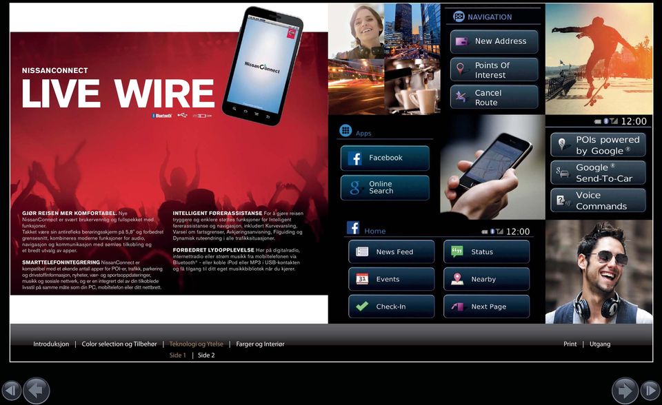 SMARTTELEFONINTEGRERING NissanConnect er kompatibel med et økende antall apper for POI-er, trafikk, parkering og drivstoffinformasjon, nyheter, vær- og sportsoppdateringer, musikk og sosiale