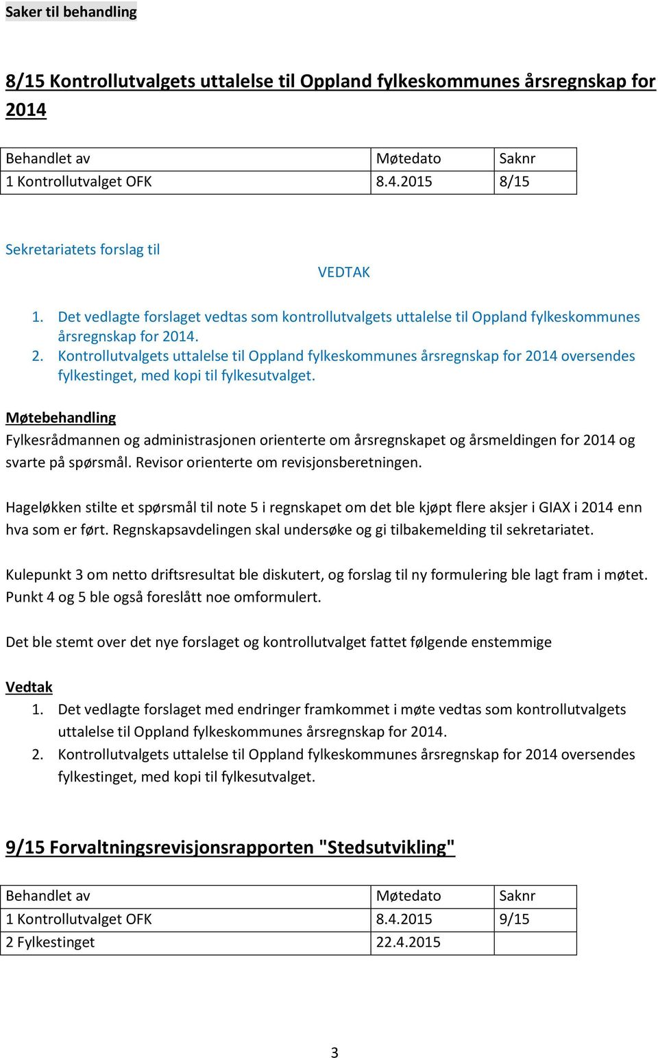 14. 2. Kontrollutvalgets uttalelse til Oppland fylkeskommunes årsregnskap for 2014 oversendes fylkestinget, med kopi til fylkesutvalget.