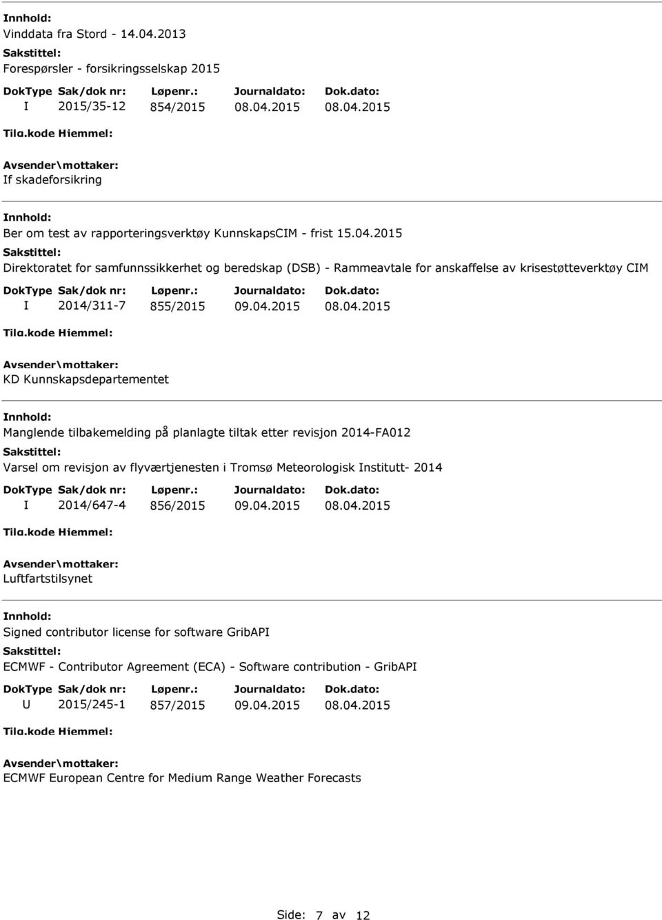 2015 Direktoratet for samfunnssikkerhet og beredskap (DSB) - Rammeavtale for anskaffelse av krisestøtteverktøy CM 2014/311-7 855/2015 KD Kunnskapsdepartementet Manglende