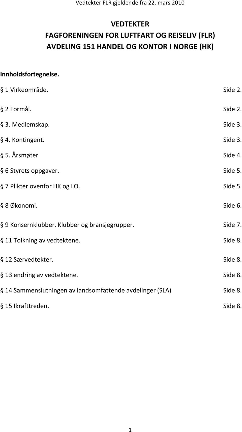 7 Plikter ovenfor HK og LO. Side 5. 8 Økonomi. Side 6. 9 Konsernklubber. Klubber og bransjegrupper. Side 7. 11 Tolkning av vedtektene.