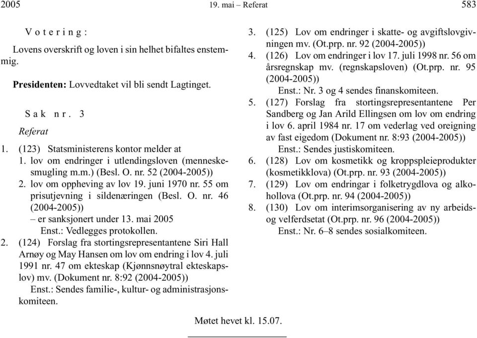 55 om prisutjevning i sildenæringen (Besl. O. nr. 46 (2004-2005)) er sanksjonert under 13. mai 2005 Enst.: Vedlegges protokollen. 2. (124) Forslag fra stortingsrepresentantene Siri Hall Arnøy og May Hansen om lov om endring i lov 4.