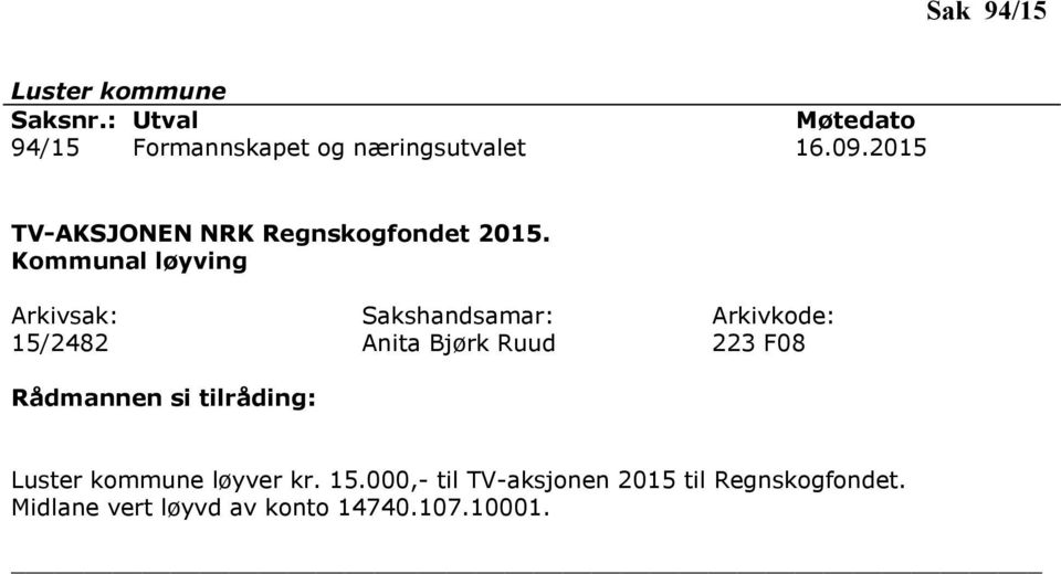 Kommunal løyving 15/2482 Anita Bjørk Ruud 223 F08 løyver kr.
