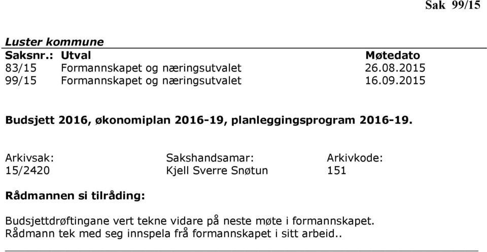 2015 Budsjett 2016, økonomiplan 2016-19, planleggingsprogram 2016-19.