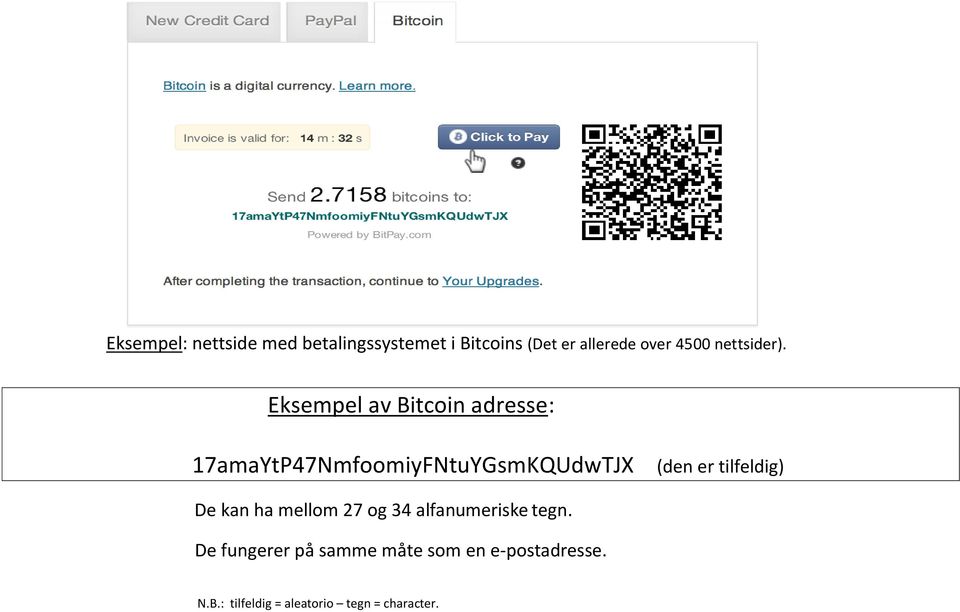 Eksempel av Bitcoin adresse: 17amaYtP47NmfoomiyFNtuYGsmKQUdwTJX (den er