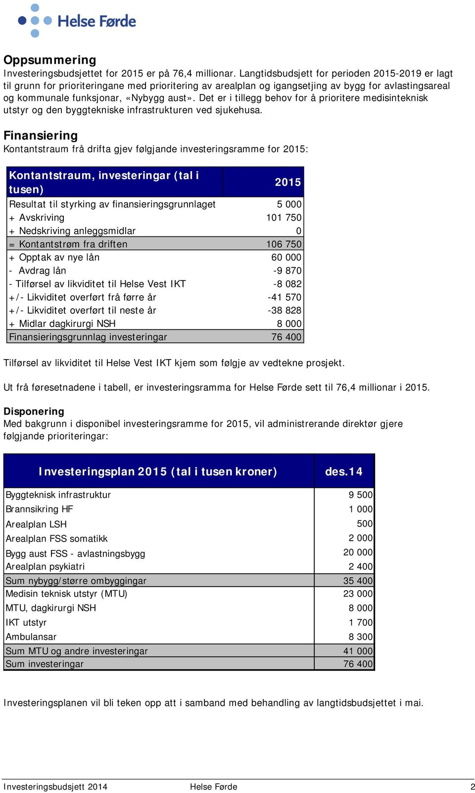 Det er i tillegg behov for å prioritere medisinteknisk utstyr og den byggtekniske infrastrukturen ved sjukehusa.