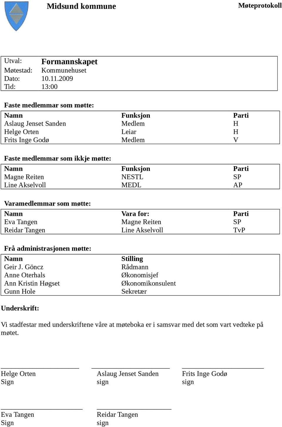 Magne Reiten NESTL SP Line Akselvoll MEDL AP Varamedlemmar som møtte: Namn Vara for: Parti Eva Tangen Magne Reiten SP Reidar Tangen Line Akselvoll TvP Frå administrasjonen møtte: Namn Geir J.