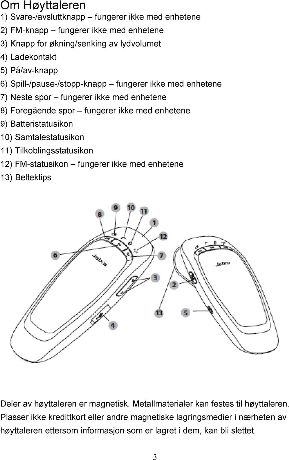 Batteristatusikon 10) Samtalestatusikon 11) Tilkoblingsstatusikon 12) FM-statusikon fungerer ikke med enhetene 13) Belteklips Deler av høyttaleren er magnetisk.