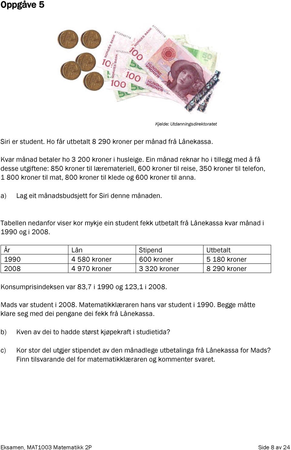 a) Lag eit månadsbudsjett for Siri denne månaden. Tabellen nedanfor viser kor mykje ein student fekk utbetalt frå Lånekassa kvar månad i 1990 og i 2008.