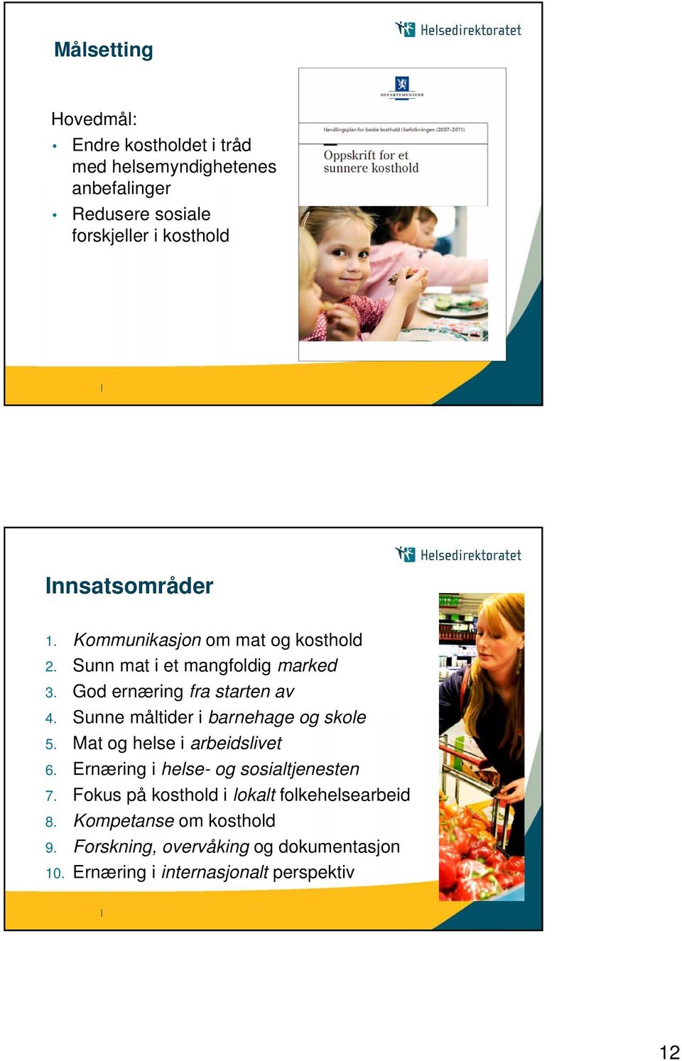 Sunne måltider i barnehage og skole 5. Mat og helse i arbeidslivet 6. Ernæring i helse- og sosialtjenesten 7.