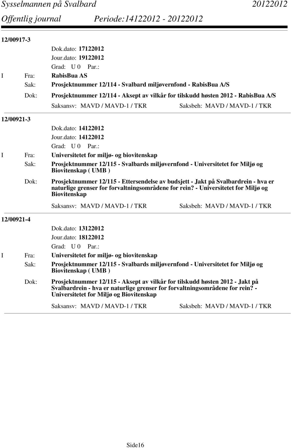 Universitetet for miljø- og biovitenskap Sak: Prosjektnummer 12/115 - Svalbards miljøvernfond - Universitetet for Miljø og Biovitenskap ( UMB ) Prosjektnummer 12/115 - Ettersendelse av budsjett -