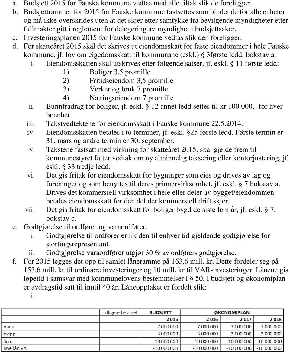 reglement for delegering av myndighet i budsjettsaker. c. Investeringsplanen 2015 for Fauske kommune vedtas slik den foreligger. d. For skatteåret 2015 skal det skrives ut eiendomsskatt for faste eiendommer i hele Fauske kommune, jf.