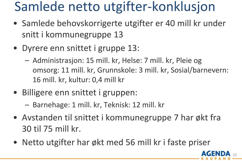 kr, Sosial/barnevern: 16 mill. kr, kultur: 0,4 mill kr Billigere enn snittet i gruppen: Barnehage: 1 mill.