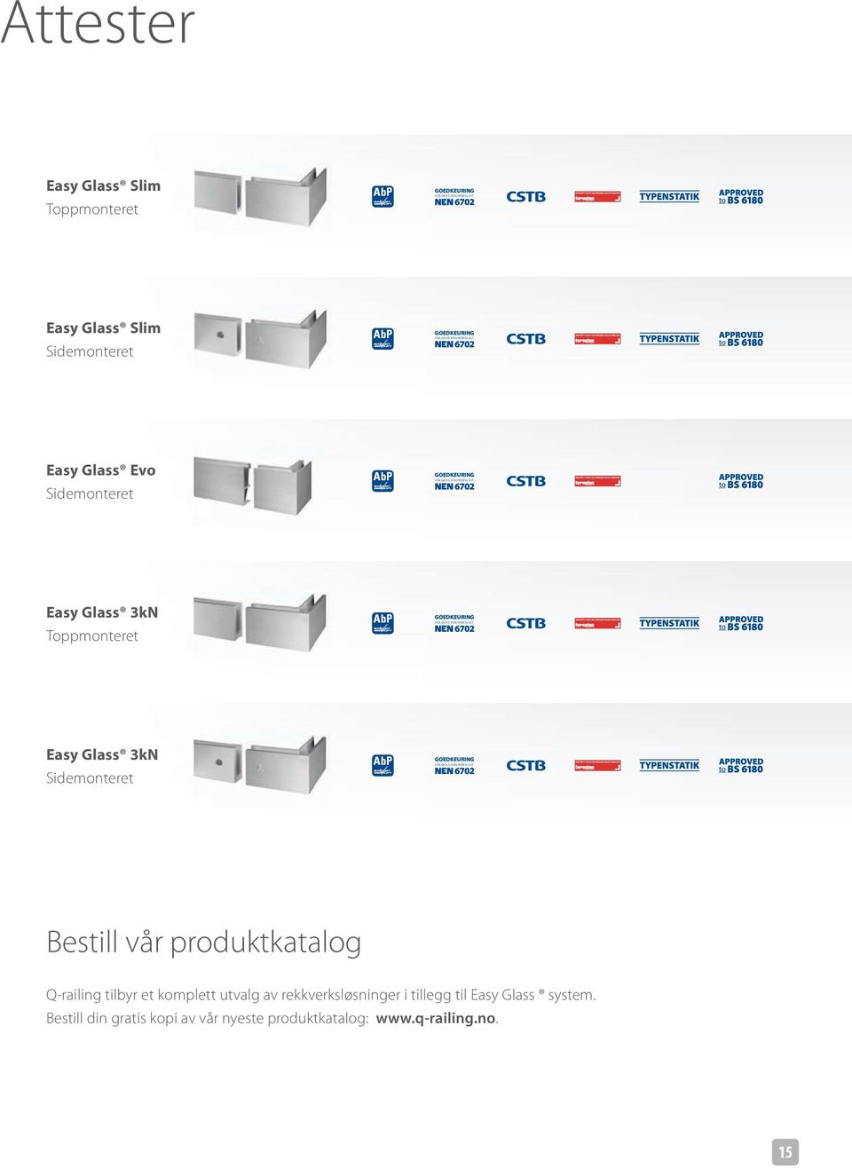 BOUWBESLUIT 6702 Easy Glass 3kN Sidemonteret GOEDKEURING VOLGENS BOUWBESLUIT 6702 Bestill vår produktkatalog Q-railing tilbyr et