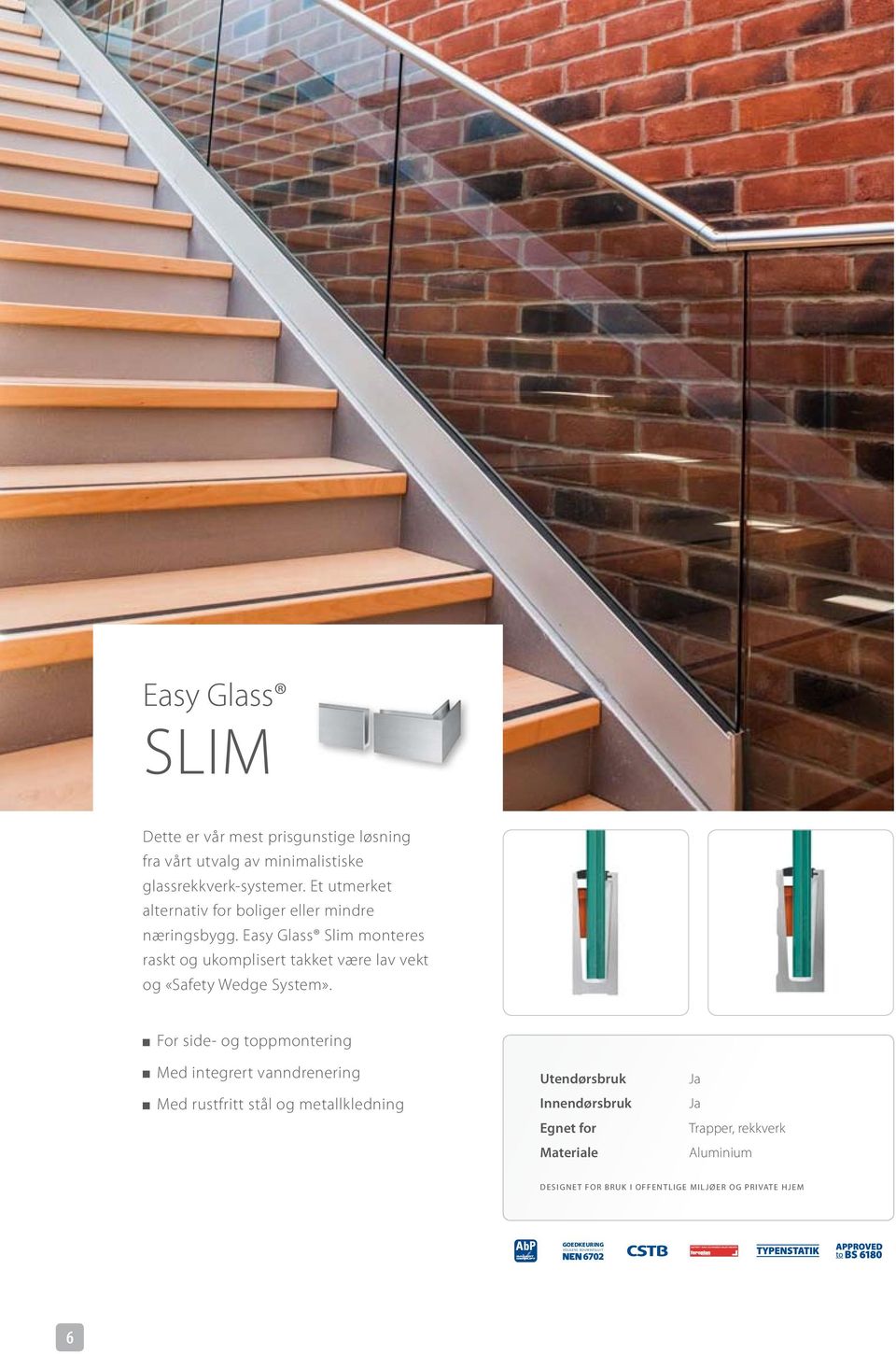 Easy Glass Slim monteres raskt og ukomplisert takket være lav vekt og «Safety Wedge System».