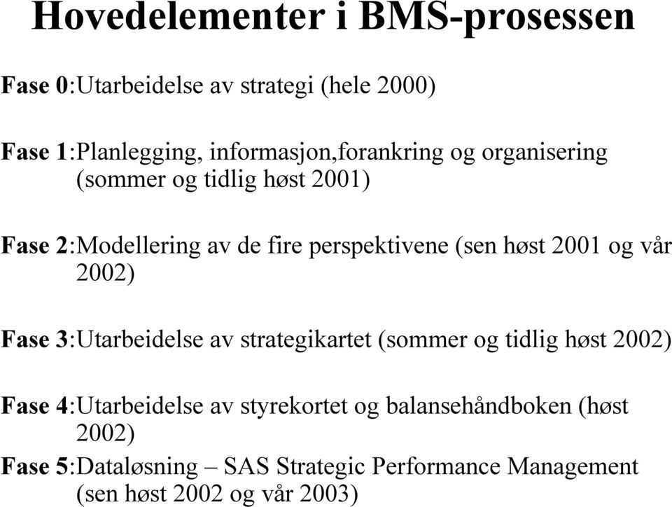 (sen høst 2001 og vår 2002) Fase 3:Utarbeidelse av strategikartet (sommer og tidlig høst 2002) Fase