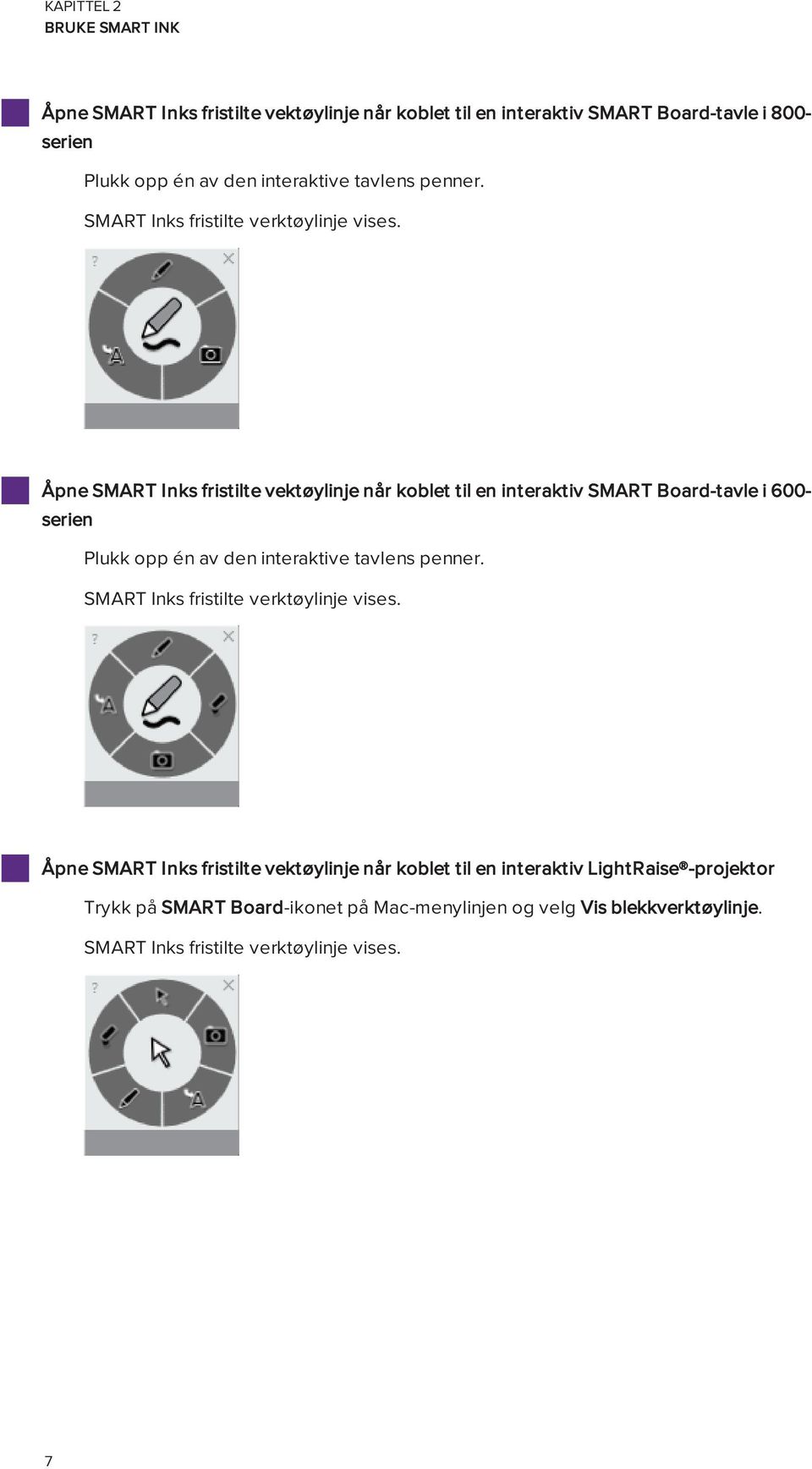 Åpne SMART Inks fristilte vektøylinje når koblet til en interaktiv SMART Board-tavle i 600- serien Plukk opp én av den  Åpne SMART Inks fristilte