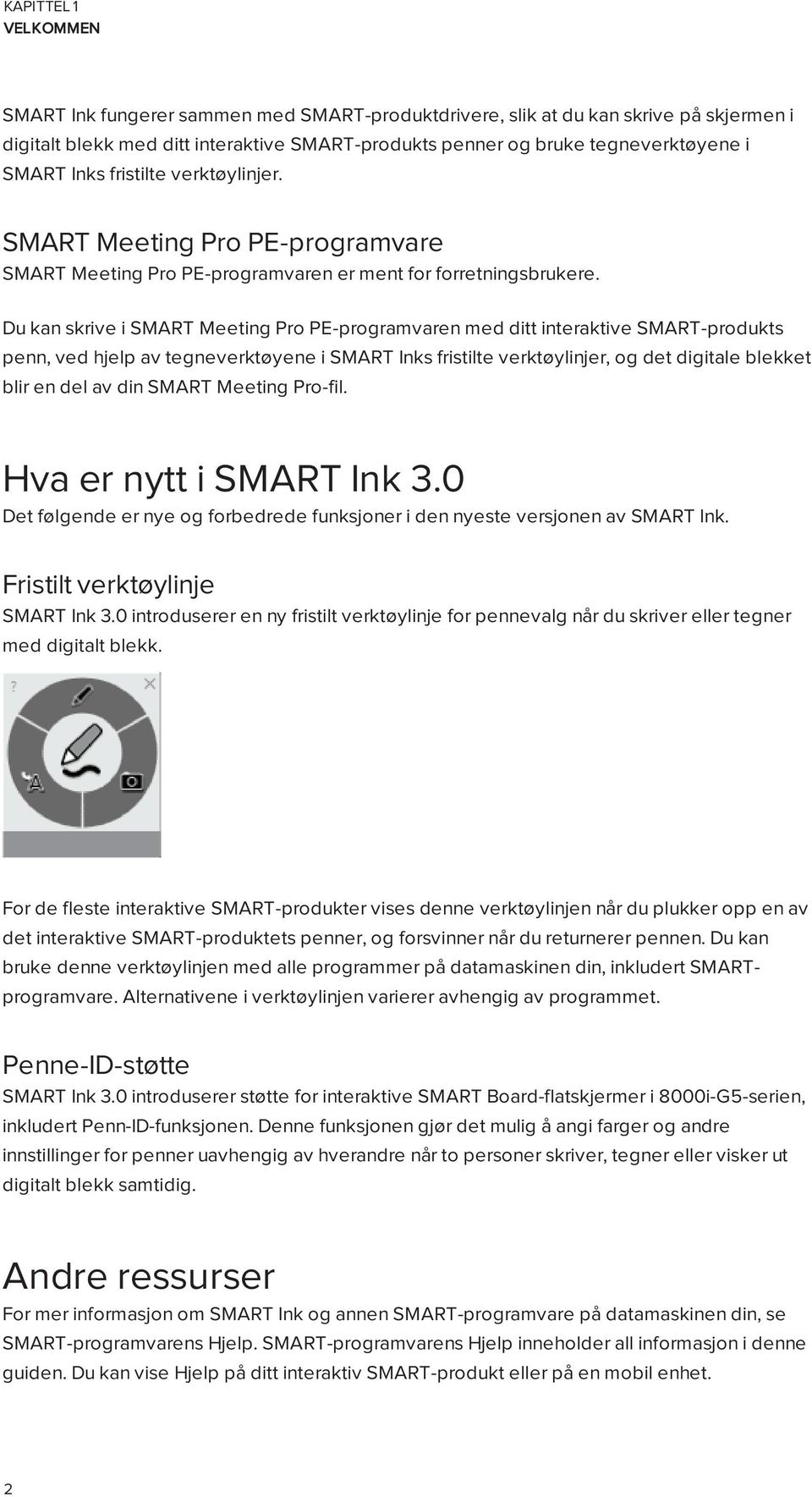 Du kan skrive i SMART Meeting Pro PE-programvaren med ditt interaktive SMART-produkts penn, ved hjelp av tegneverktøyene i SMART Inks fristilte verktøylinjer, og det digitale blekket blir en del av