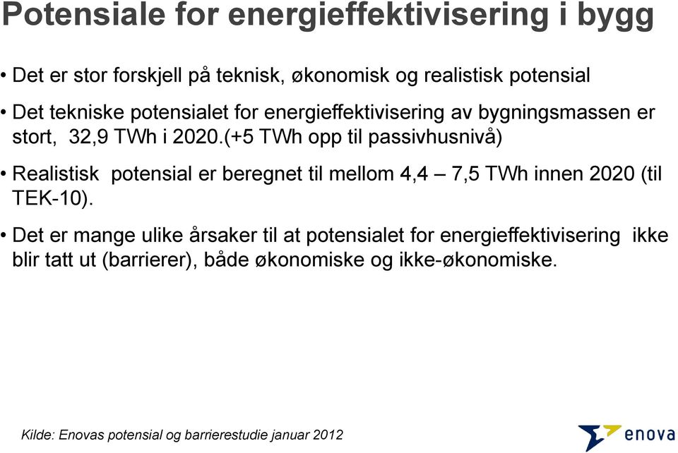 (+5 TWh opp til passivhusnivå) Realistisk potensial er beregnet til mellom 4,4 7,5 TWh innen 2020 (til TEK-10).