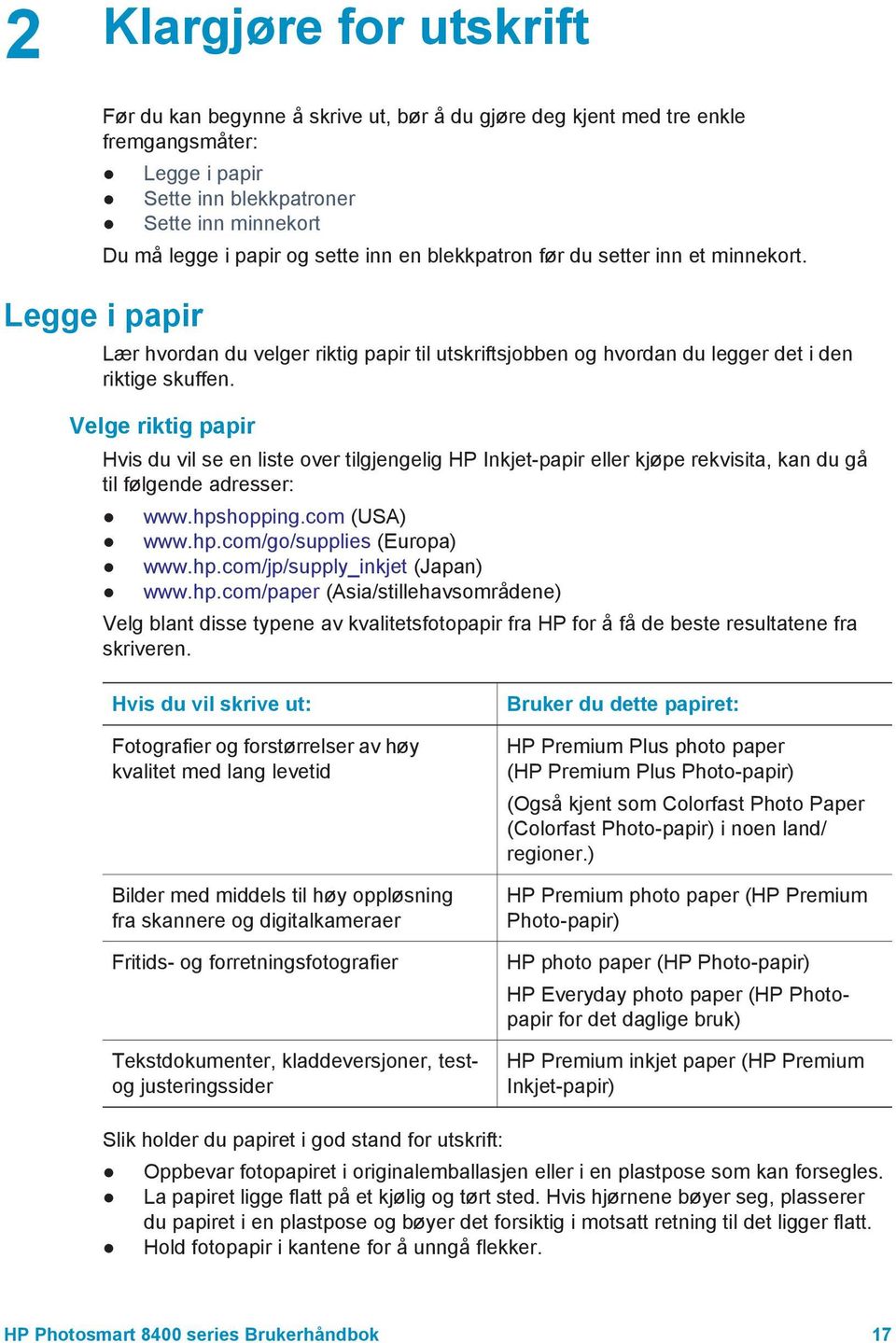 Velge riktig papir Hvis du vil se en liste over tilgjengelig HP Inkjet-papir eller kjøpe rekvisita, kan du gå til følgende adresser: www.hpshopping.com (USA) www.hp.com/go/supplies (Europa) www.hp.com/jp/supply_inkjet (Japan) www.