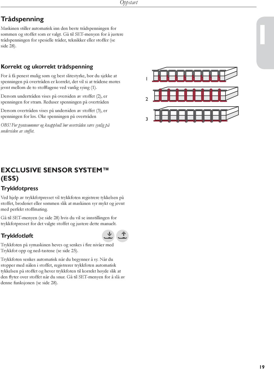 1 Korrekt og ukorrekt trådspenning For å få penest mulig søm og best slitestyrke, bør du sjekke at spenningen på overtråden er korrekt, det vil si at trådene møtes jevnt mellom de to stof agene ved