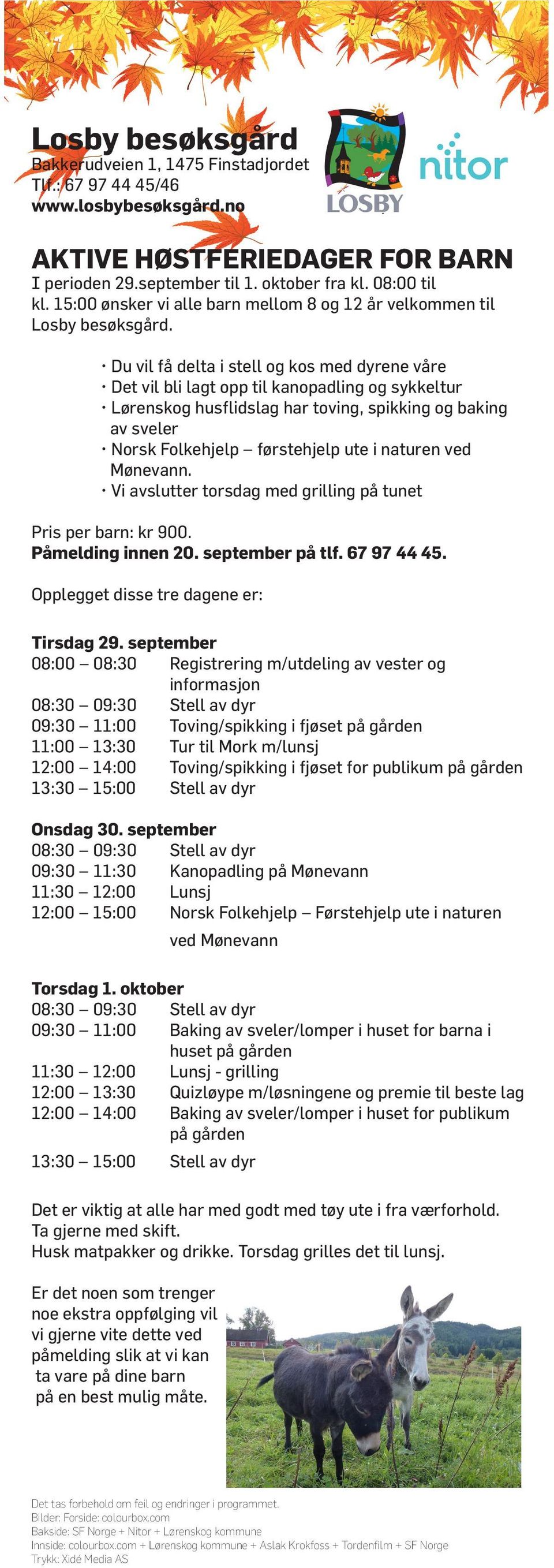 Du vil få delta i stell og kos med dyrene våre Det vil bli lagt opp til kanopadling og sykkeltur Lørenskog husflidslag har toving, spikking og baking av sveler Norsk Folkehjelp førstehjelp ute i