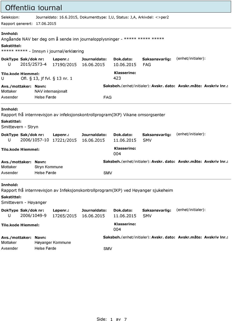 2015 423 Mottaker NAV internasjonalt Rapport frå internrevisjon av infeksjonskontrollprogram(k) Vikane omsorgsenter Smittevern - Stryn 2006/1057-10