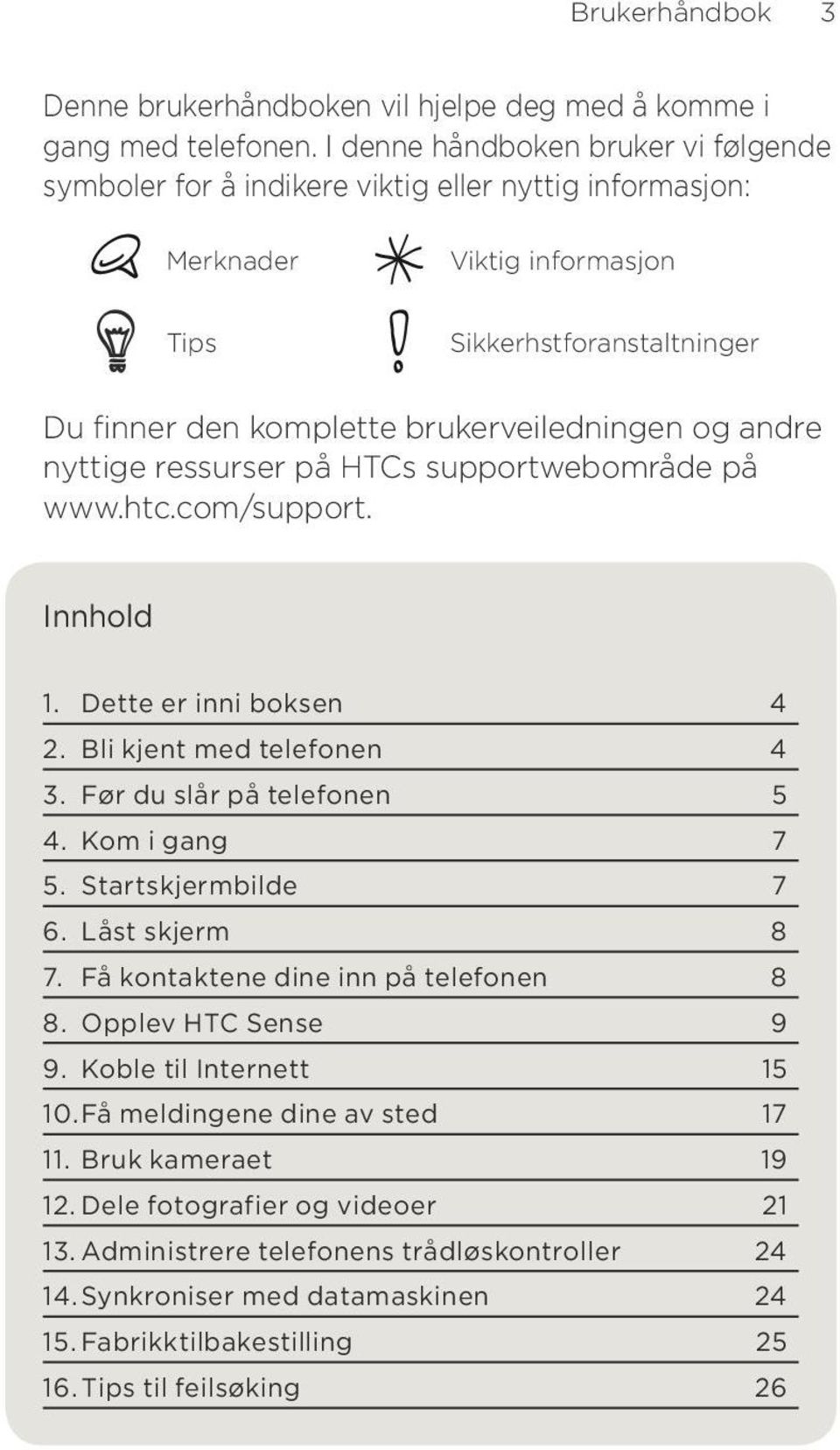 andre nyttige ressurser på HTCs supportwebområde på www.htc.com/support. Innhold 1. Dette er inni boksen 4 2. Bli kjent med telefonen 4 3. Før du slår på telefonen 5 4. Kom i gang 7 5.