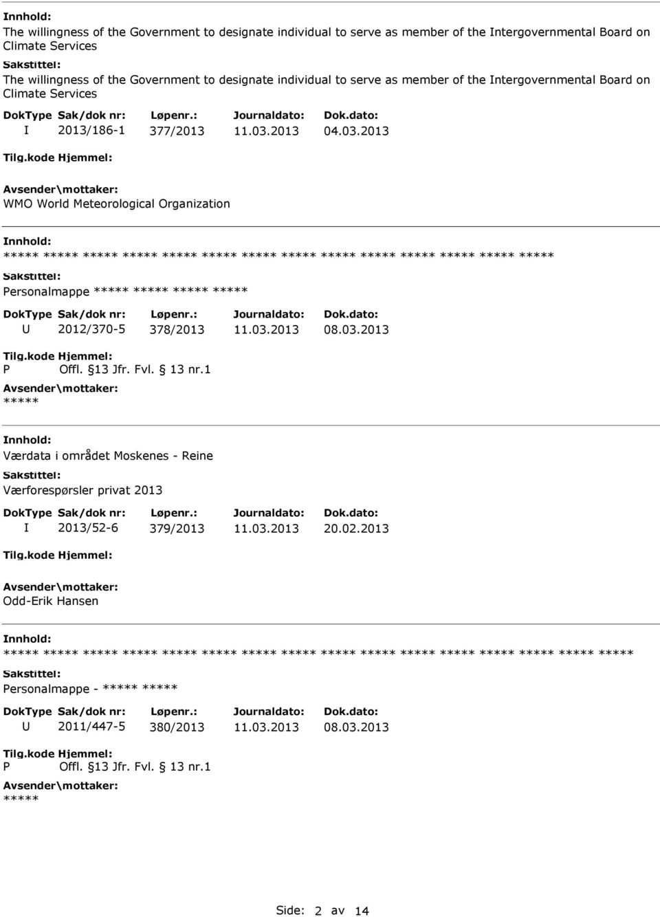 377/2013 04.03.2013 WMO World Meteorological Organization ersonalmappe 2012/370-5 378/2013 08.03.2013 Værdata i området Moskenes - Reine Værforespørsler privat 2013 2013/52-6 379/2013 20.