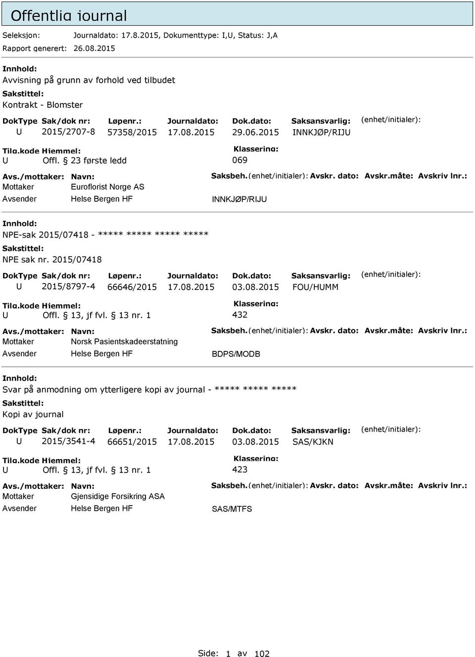 : Mottaker Euroflorist Norge AS NNKJØ/RJ NE-sak 2015/07418 - ***** ***** ***** ***** NE sak nr. 2015/07418 2015/8797-4 66646/2015 03.08.2015 FO/HMM 432 Avs./mottaker: Navn: Saksbeh. Avskr.