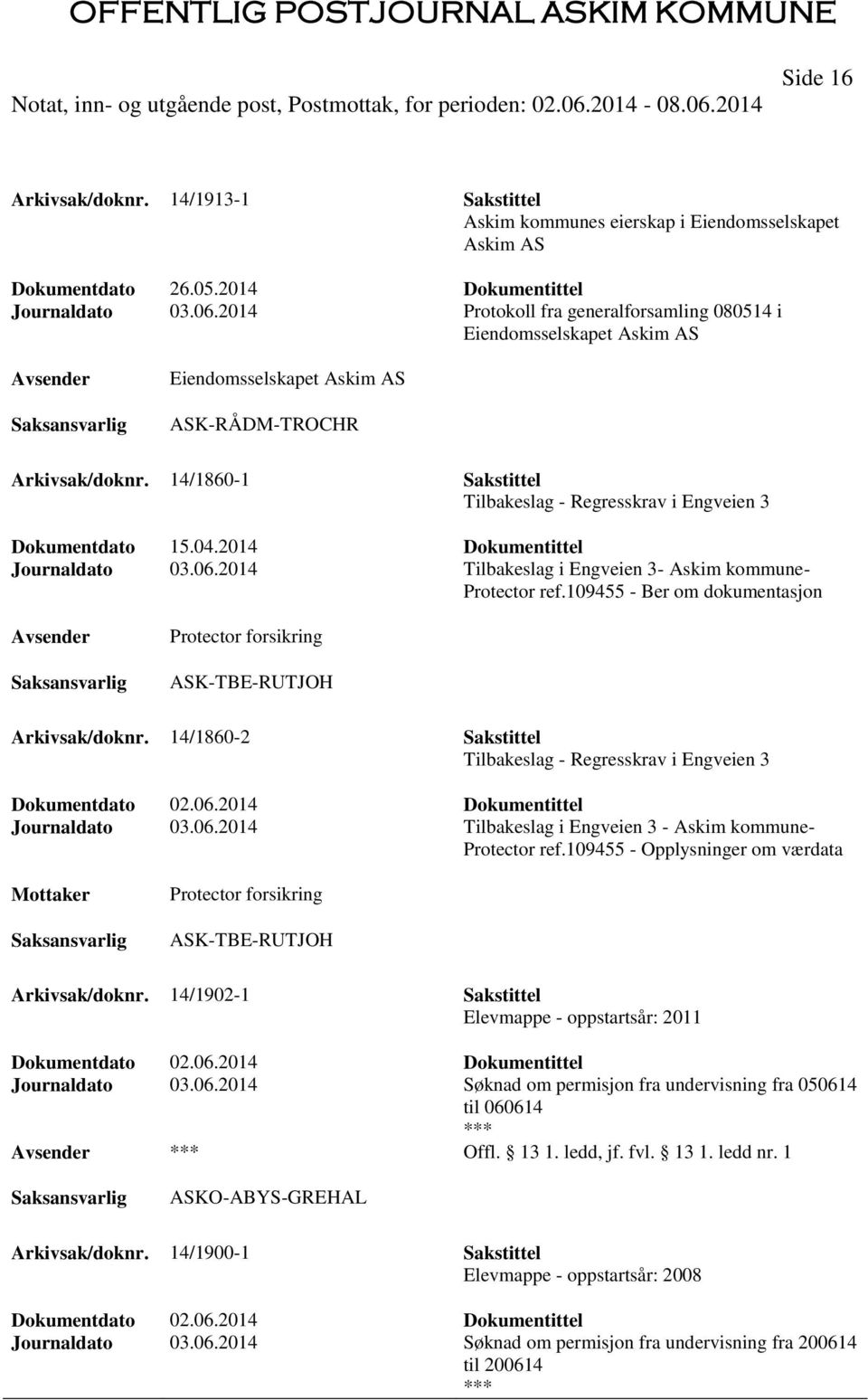 14/1860-1 Sakstittel Tilbakeslag - Regresskrav i Engveien 3 Dokumentdato 15.04.2014 Dokumentittel Journaldato 03.06.2014 Tilbakeslag i Engveien 3- Askim kommune- Protector ref.