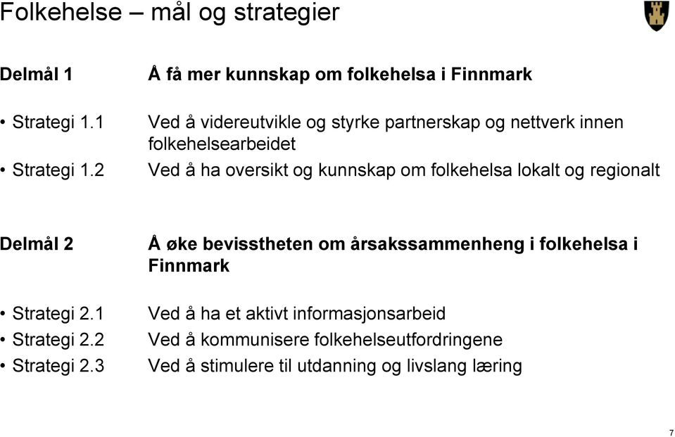 folkehelsa lokalt og regionalt Delmål 2 Å øke bevisstheten om årsakssammenheng i folkehelsa i Finnmark Strategi 2.