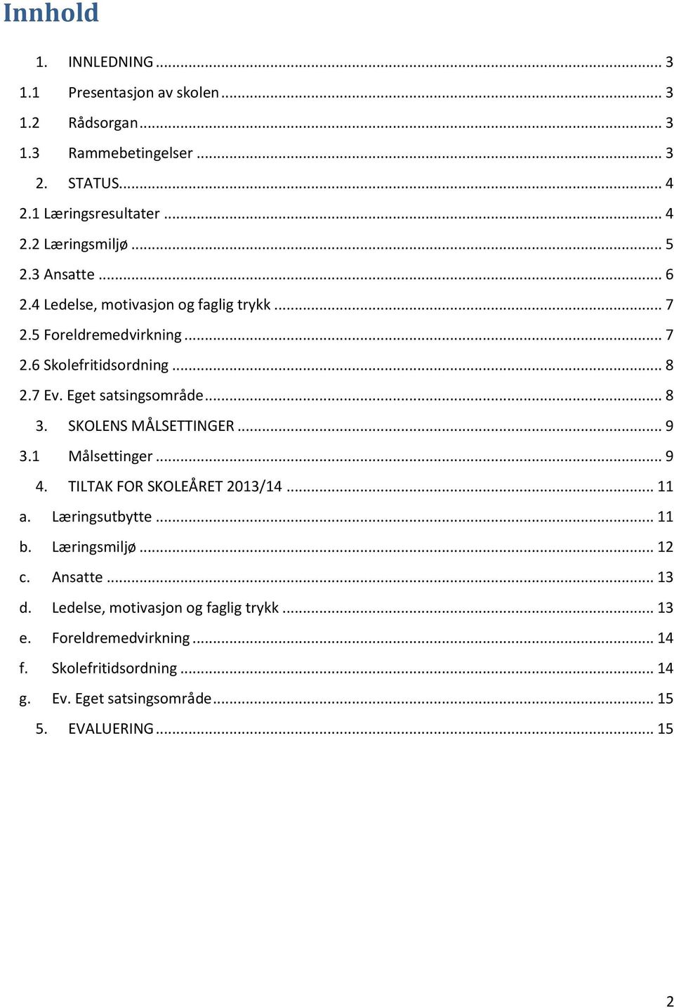 SKOLENS MÅLSETTINGER... 9 3.1 Målsettinger... 9 4. TILTAK FOR SKOLEÅRET 2013/14... 11 a. Læringsutbytte... 11 b. Læringsmiljø... 12 c. Ansatte... 13 d.