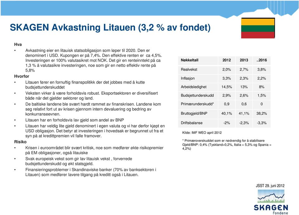 Det gir en renteinntekt på ca 1,3 % å valutasikre investeringen, noe som gir en netto effektiv rente på 5,8% Hvorfor Litauen fører en fornuftig finanspolitikk der det jobbes med å kutte