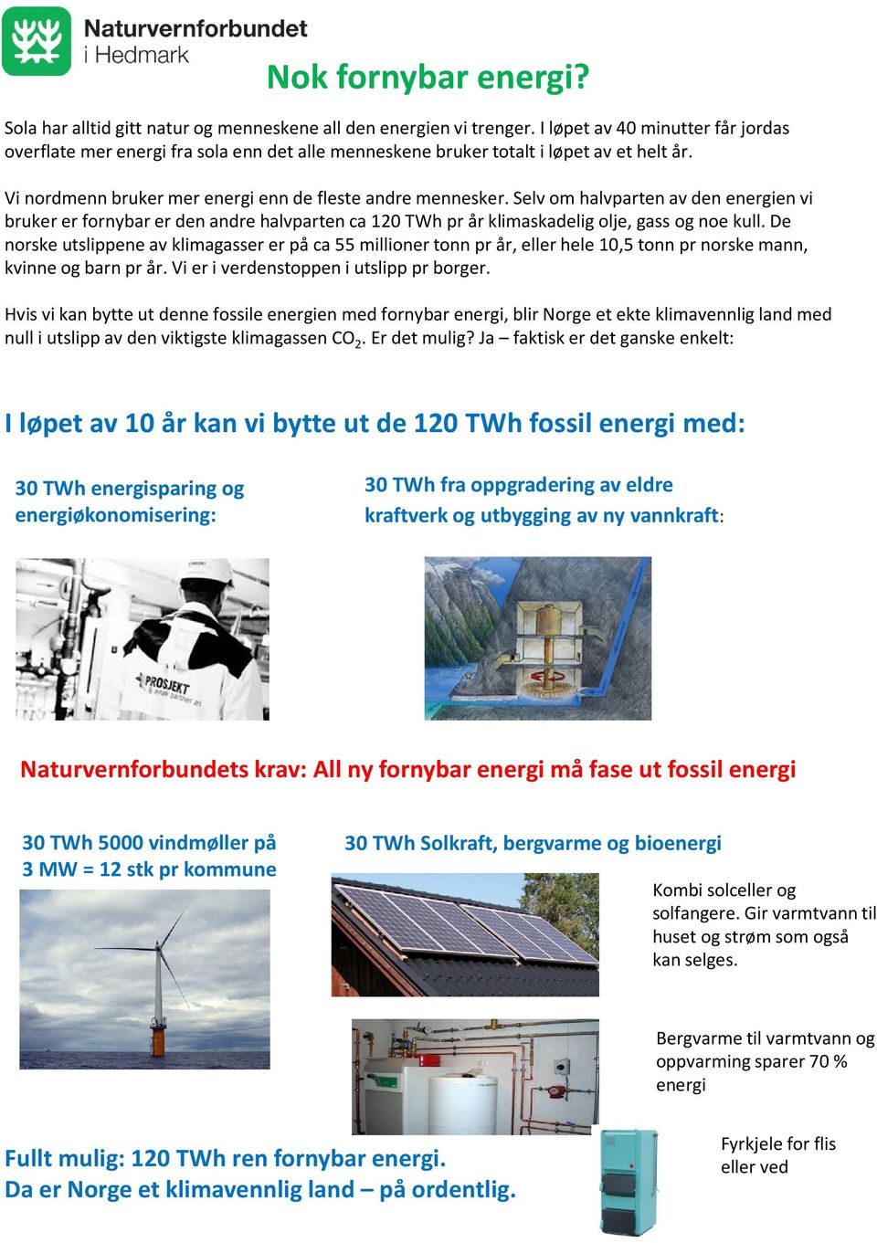 Selv om halvparten av den energien vi bruker er fornybar er den andre halvparten ca120 TWh pr år klimaskadelig olje, gass og noe kull.