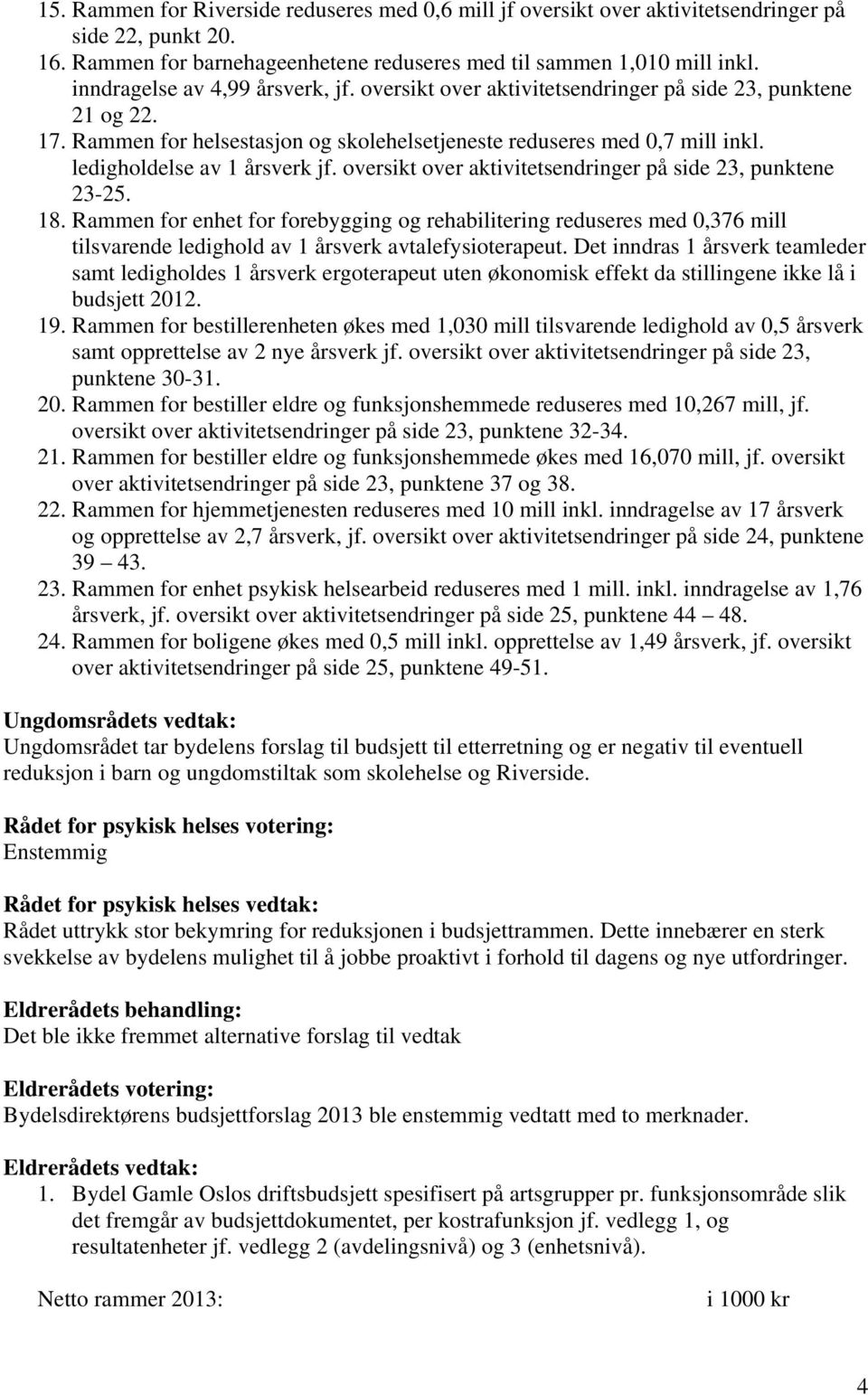 ledigholdelse av 1 årsverk jf. oversikt over aktivitetsendringer på side 23, punktene 23-25. 18.