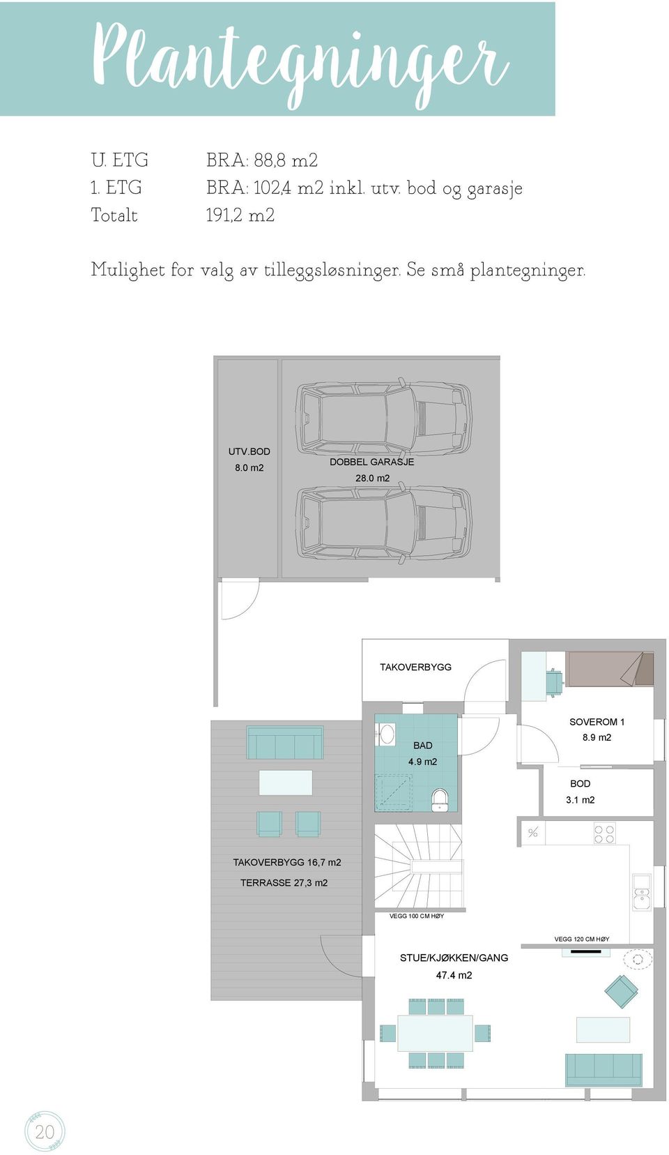 Se små plantegninger. UTV.BOD 8.0 m2 DOBBEL GARASJE 28.0 m2 TAKOVERBYGG BAD 4.