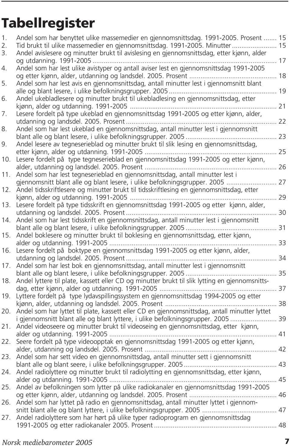 Andel som har lest ulike avistyper og antall aviser lest en gjennomsnittsdag 1991-2005 og etter kjønn, alder, utdanning og landsdel. 2005. Prosent... 18 5.