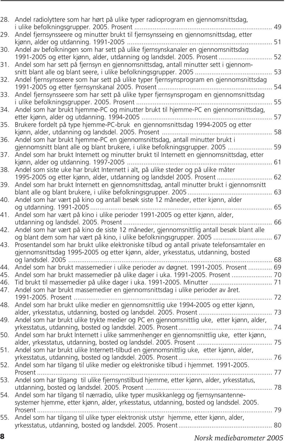 Andel av befolkningen som har sett på ulike fjernsynskanaler en gjennomsnittsdag 1991-2005 og etter kjønn, alder, utdanning og landsdel. 2005. Prosent... 52 31.