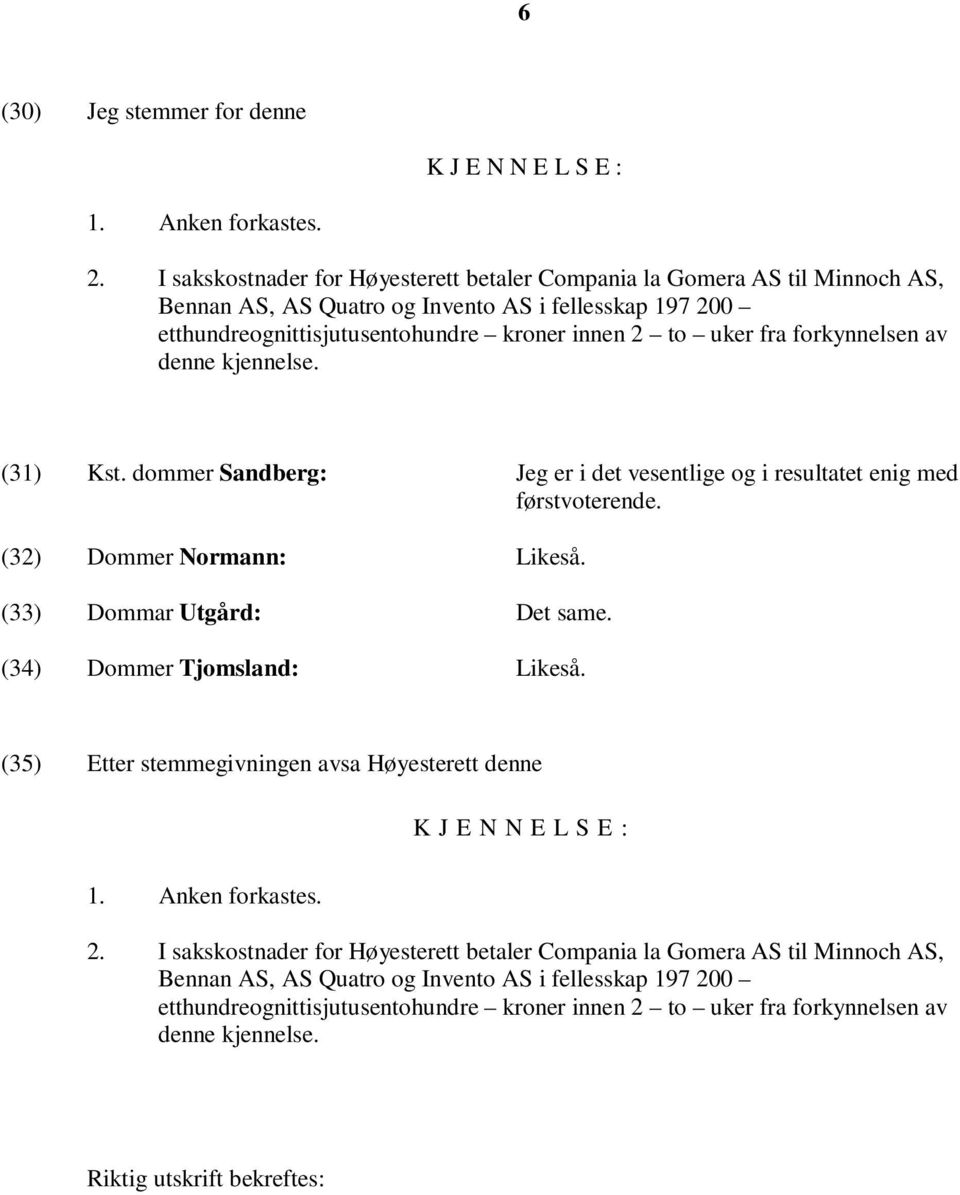 forkynnelsen av denne kjennelse. (31) Kst. dommer Sandberg: Jeg er i det vesentlige og i resultatet enig med førstvoterende. (32) Dommer Normann: Likeså. (33) Dommar Utgård: Det same.