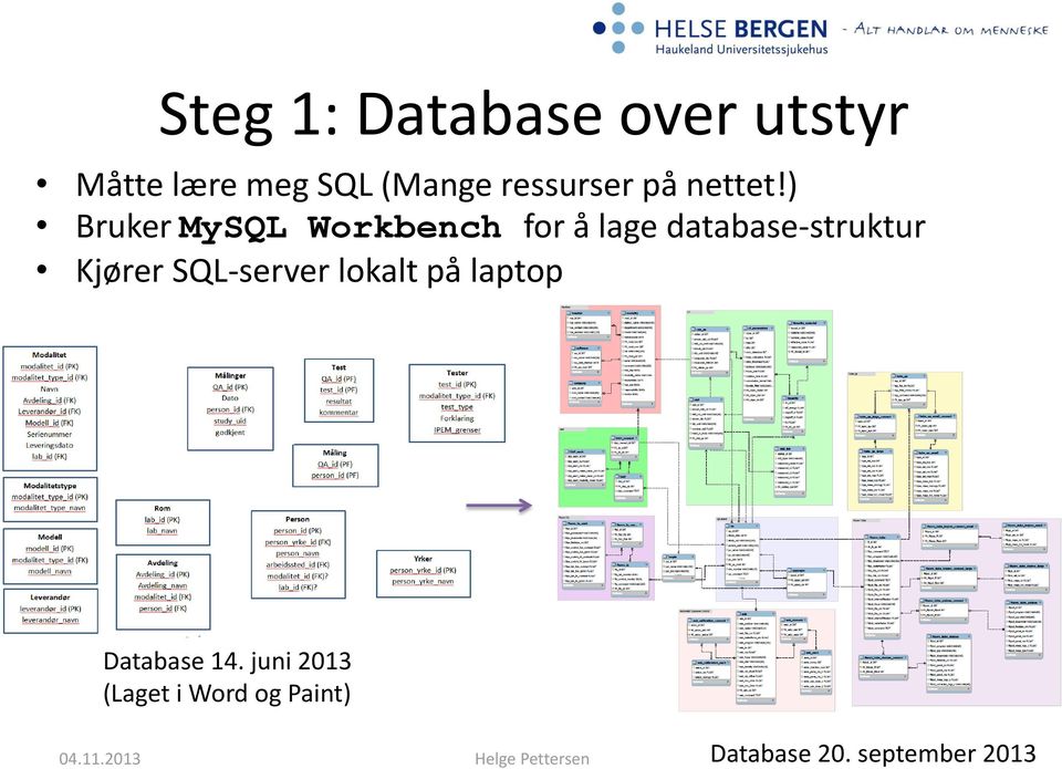 ) Bruker MySQL Workbench for å lage database-struktur Kjører